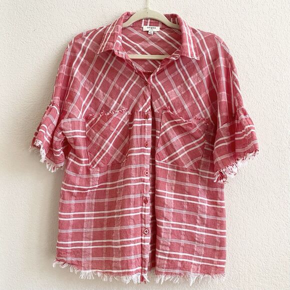 UMGEE Tops - UMGEE Southern‎ Bohemian Gingham Oversized Shirt Fringed Red White Women's L